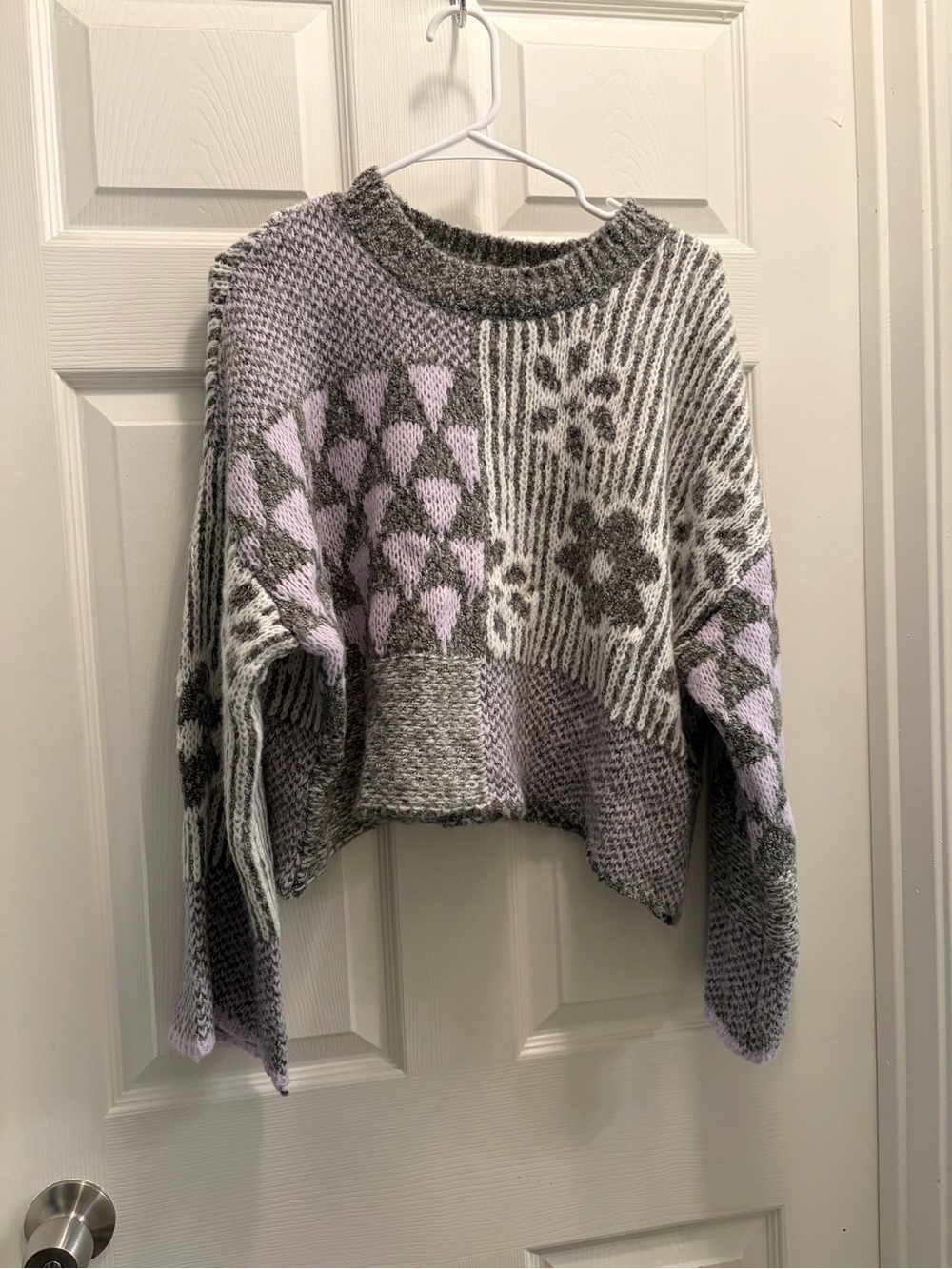 Sincerely Jules M Patchwork Crop Sweater Gray Lavender Floral Chunky Knit